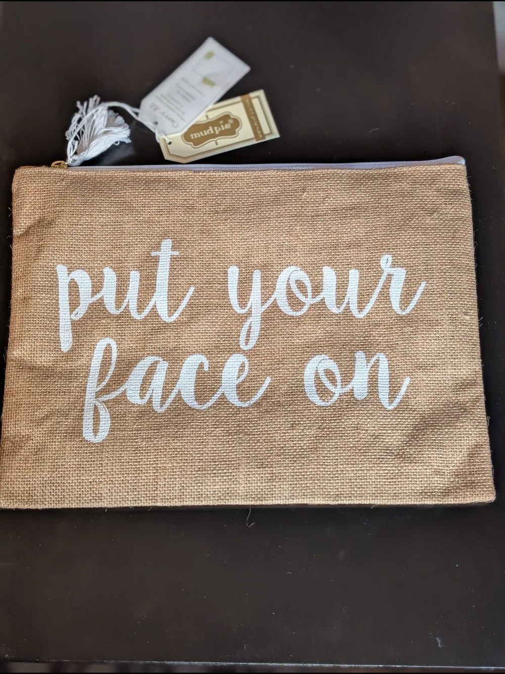 Mud Pie Natural Burlap Cosmetic Pouch with White Script